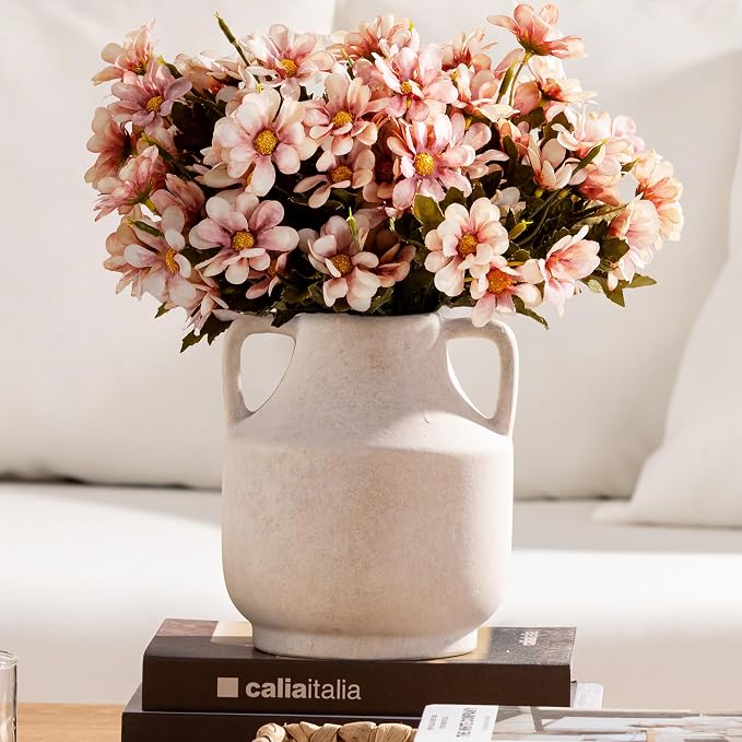 Mitt&Ditt Ceramic Flower Vase with Handles, 8 inch Tall Off-White Vase, Decorative Terracotta Vases, Farmhouse Rustic Pottery Vases for Home Decor, Living Room, Table