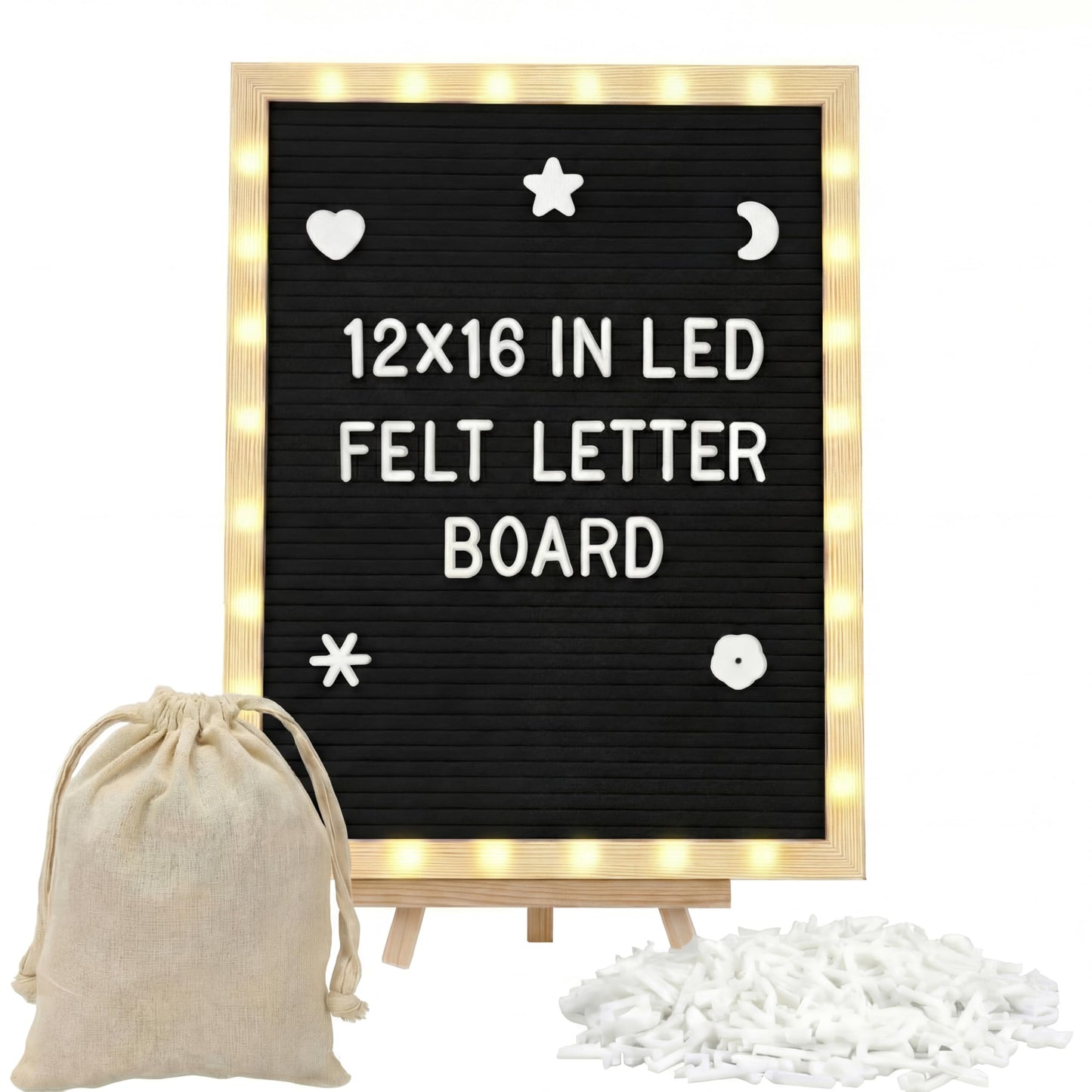 wearage 12x16 Inch Changeable Felt Letter Board with LED Lights, Message Custom Felt Letter Board with Wooden Stand and 300 Letters for Pregnancy Announcement Classroom Decor Poster (Black)