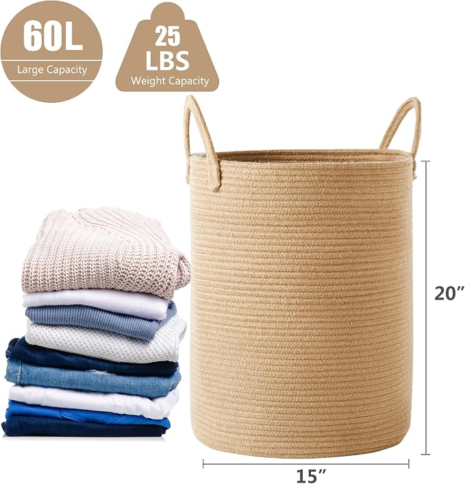 60L Jute Woven Laundry Hamper Basket Wicker Rope Clothes Hamper Tall Rattan Blanket Basket in Living Room Bedroom 15Dx20H Inches Large