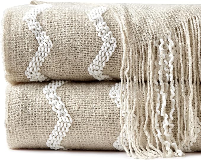 BOURINA Fluffy Chenille Knitted Fringe Throw Blanket Lightweight Soft Cozy for Bed Sofa Chair Throw Blankets, Beige 50" x 60"