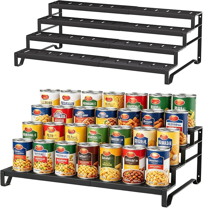 Attelite 4 Tier Expandable Can Rack Organizer for Pantry, Adjustable 13"-21" Metal Soda Can Organizer, Pantry Organization Canned Food Storage Holder for Kitchen Cabinet Countertop, Black 2Pack