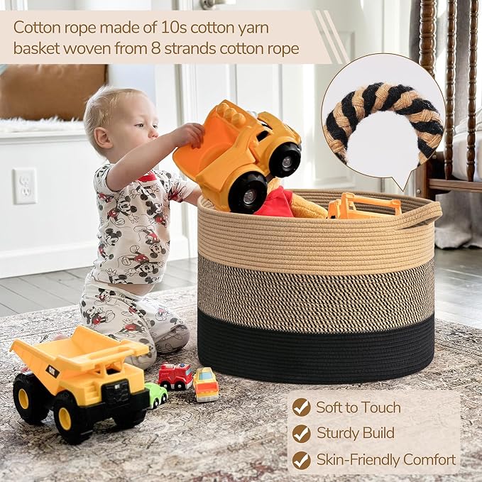 INDRESSME XXXLarge Cotton Rope Basket 21.7" x 21.7" x 13.8" Woven Baby laundry Blanket Basket for Living Room Decor, Toy Storage Baskets for Kids Boys Girls, Camel Mix & Black