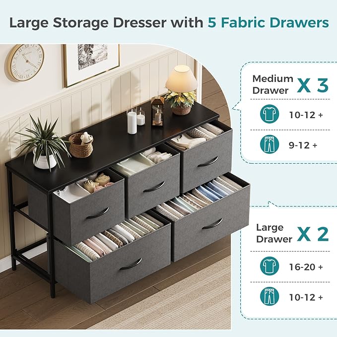 OLIXIS Dresser for Bedroom with 5 Drawers, Wide Chest of Drawers, Fabric Bedroom Dresser with Drawer Organizers, Storage Organizer Unit with Fabric Bins for Closet, Living Room, Hallway,Grey