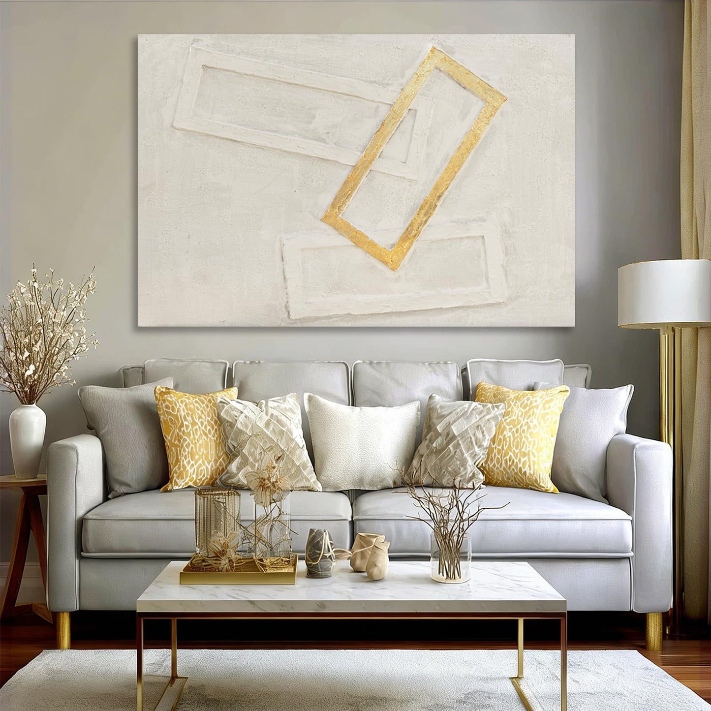 Dolidoteart White Gold Beige Canvas Wall Art, Hand Painted Oil Painting, Large Abstract Wall Art for Living Room, Modern Textured Horizontal Wall Decor for Bedroom Office, 32x48 Inch
