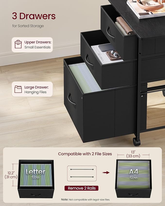 VASAGLE 3-Drawer File Cabinet, Mobile Printer Stand with Storage, Filing Cabinet for A4 Letter Size, Side Pockets, 23.6 x 15.7 x 26.8 Inch, Ink Black, Bellah Collection UOFC201BC01