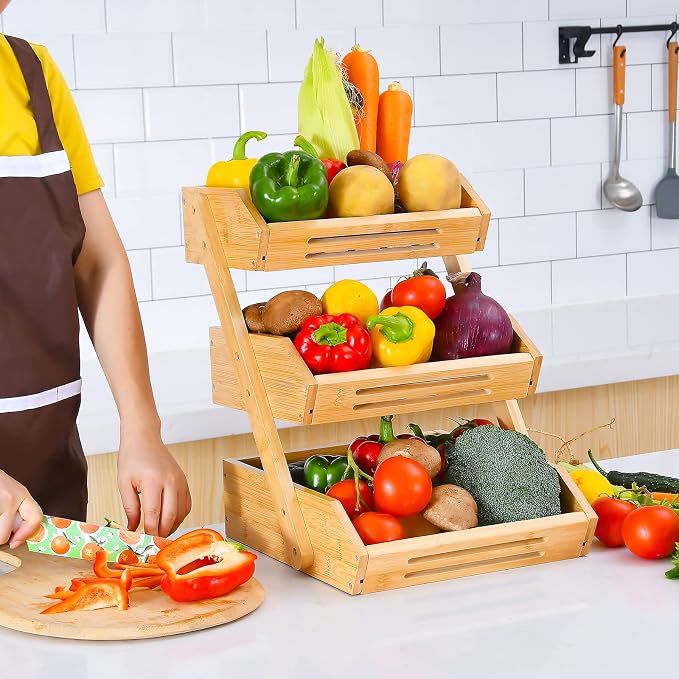 VIKEYHOME Fruit Basket, 3 Tier Bamboo Fruit Bowl for Kitchen, Stand Storage Holder, Heavy Duty/Large Capacity for Fruit, Vegetables Countertop Organizer