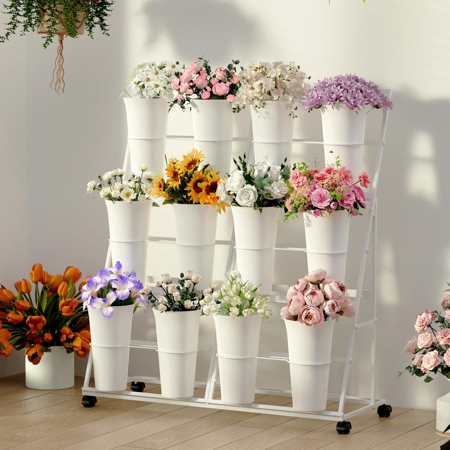 Invech Flower Display Stand with 12 Buckets and Wheels, 3 Tier Flower Cart Display Stand for Indoor Outdoor Garden, Wedding, Flower Shop (White)