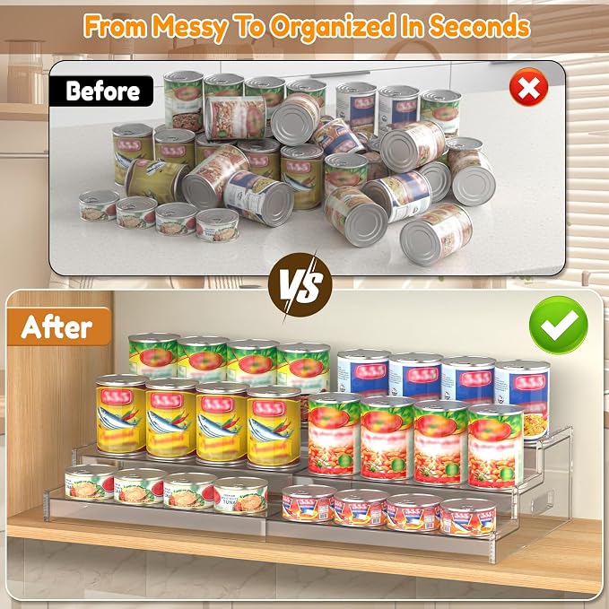 Yecuip Expandable Can Rack Organizer for Pantry, 3-Tier Adjustable Can Storage Holder, Holds Up to 24 Cans, Acrylic Canned Food Organizer for Pantry, Cabinet, Countertop, Kitchen