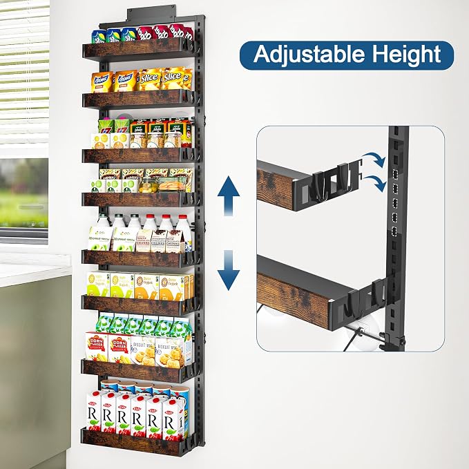 BUKFEN 8-Tier Over the Door Pantry Organizer, 2-in-1 Door Hanging or Wall Mounted Spice Rack, Heavy Duty Metal Storage Shelves with Adjustable Wooden Baskets for Kitchen Bathroom Closet