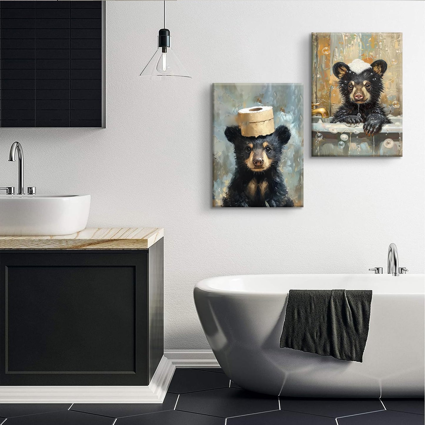 BHSUUHIT 2 Pcs Bear Bathroom Wall Art Funny Bathroom Animal Pictures Prints Black Bear With Paper Wall Decor Sitting in Bathtub Canvas Cute Humorous Posters Ready to Hang Home Decor(12x16in Canvas)