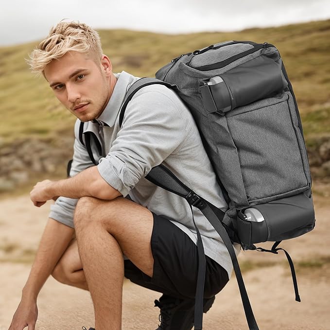 Gym Bag for Men with 2 Upgraded Bottle Holders Convertible Duffle Bag and Gym Backpack Waterproof Sports Bags with Shoes Compartment and Wet Pocket - Grey