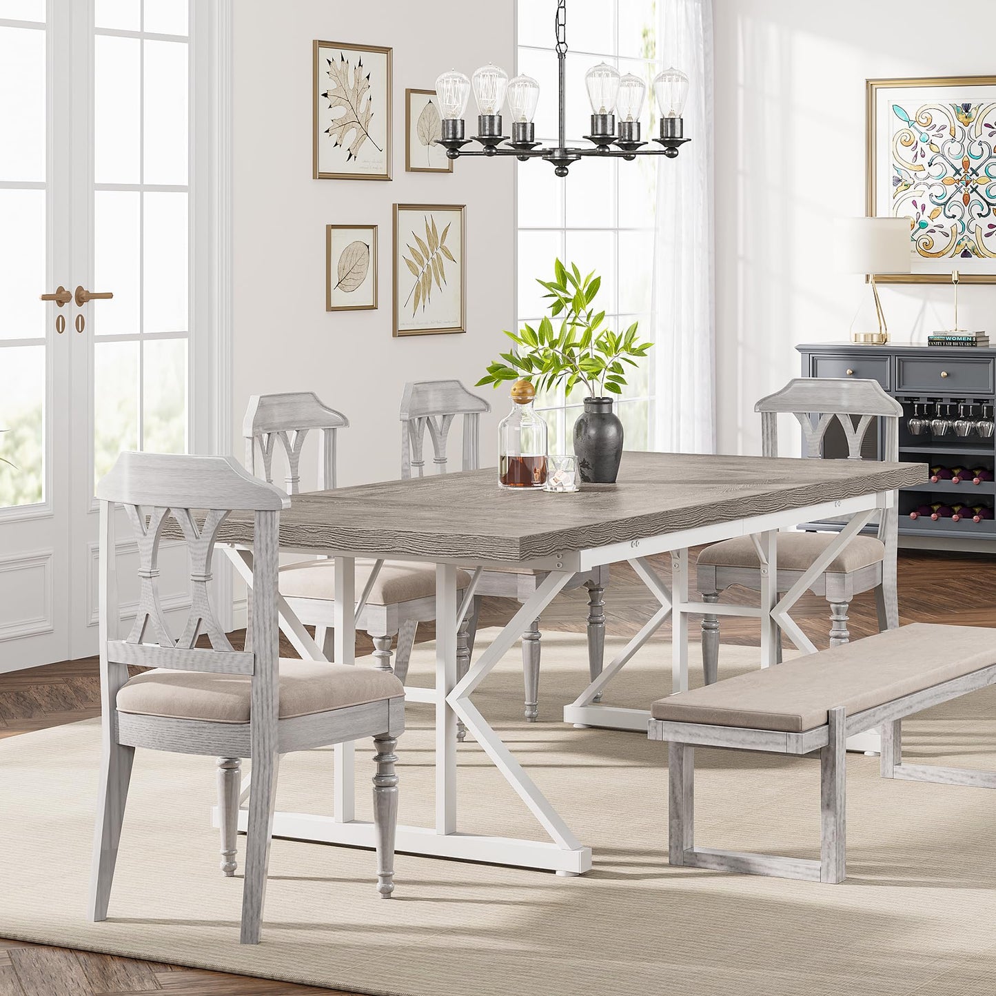 Tribesigns Farmhouse Dining Table for 6 People, 70.8-Inch Rectangular Wood Dining Table, Rustic Kitchen Table with Heavy Duty Metal Legs for Dining Room(Grey)