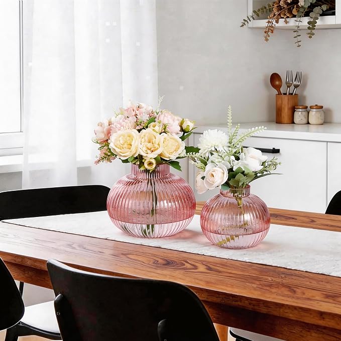 Pink Glass Vases for Tulips, Set of 2, Flower Vases for Bouquet, Ribbed Glass Vase for Flowers, Short Vase for Living Room, Office, Coffee Table, Shelf, Wedding