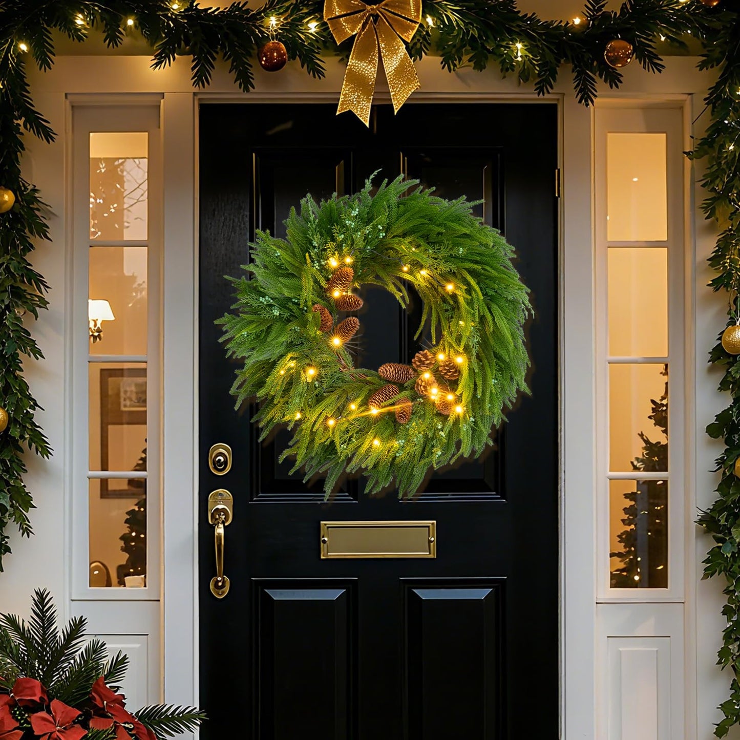 24 Inch Real Touch Norfolk Pine Wreaths for Front Door, Soomeir Artificial Christmas Wreath Green Faux Pine Wreath for Wall Windows Mantle Outdoor Christmas Decoration