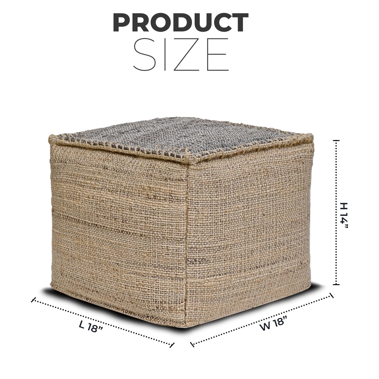 Ash Grey Jute Pouf Ottoman 18x18x14 Inch Handmade Braided Natural Jute & Cotton Floor Pouf, Boho Footstool for Living Room, Bedroom, Extra Seating & Décor