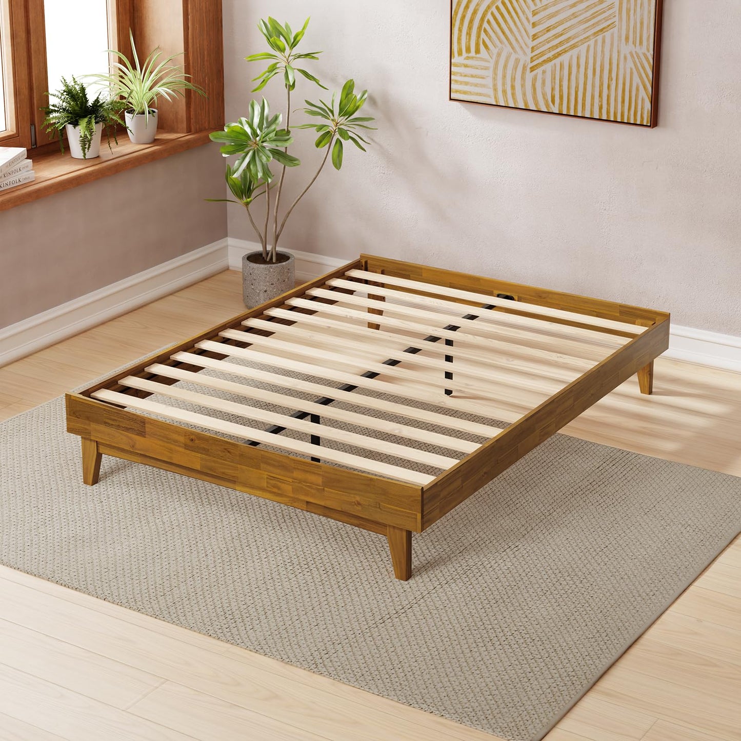 Bme Catherine King Platform Bed Frame, Modern Bed Frame Without Headboard, Wooden Low Profile Bed Frame, Acacia Wood Platform Bed Frame King, No Box Spring Needed, Supports up to 800lbs - Teak Brown