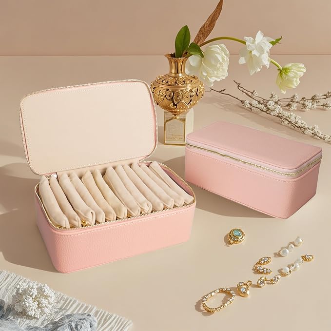 Travel Jewelry Case, Portable Jewelry Box with 6 Jewelry Bags,Travel Gift for Women Teen Girls (Pink 12 Pcs)