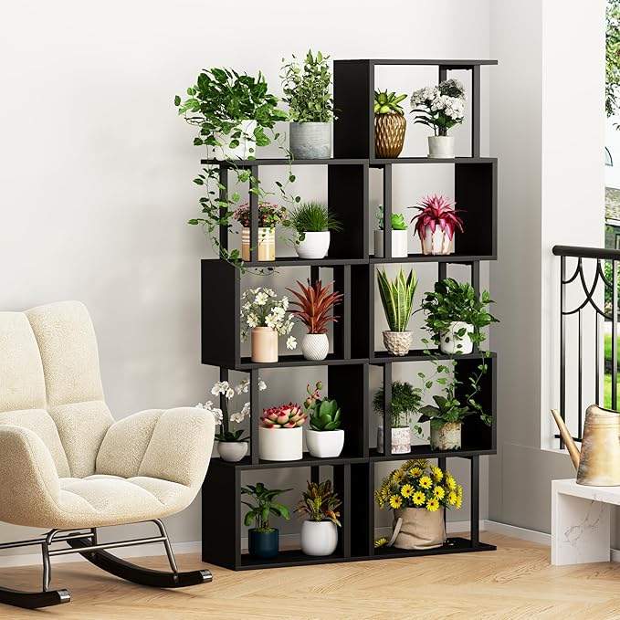 Gadroad 4-Tier Bookshelf, Narrow S-Shaped Geometric Bookcase, Wood Decorative Storage Shelving, Modern Freestanding Display Shelves, Book Shelf Unit for Living Room Bedroom Home Office, Black