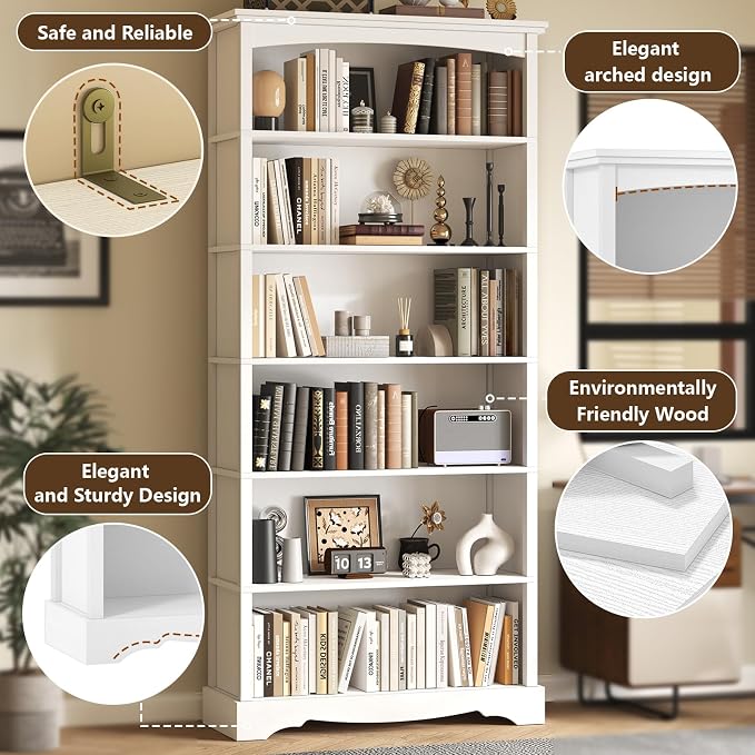 TVU 6-Tier Wooden Bookshelf, 76 Inch Tall Bookshelf with Storage, Floor Standing Modern Style Display Bookcase for Living Room, Office, Study Room, Entryway, White