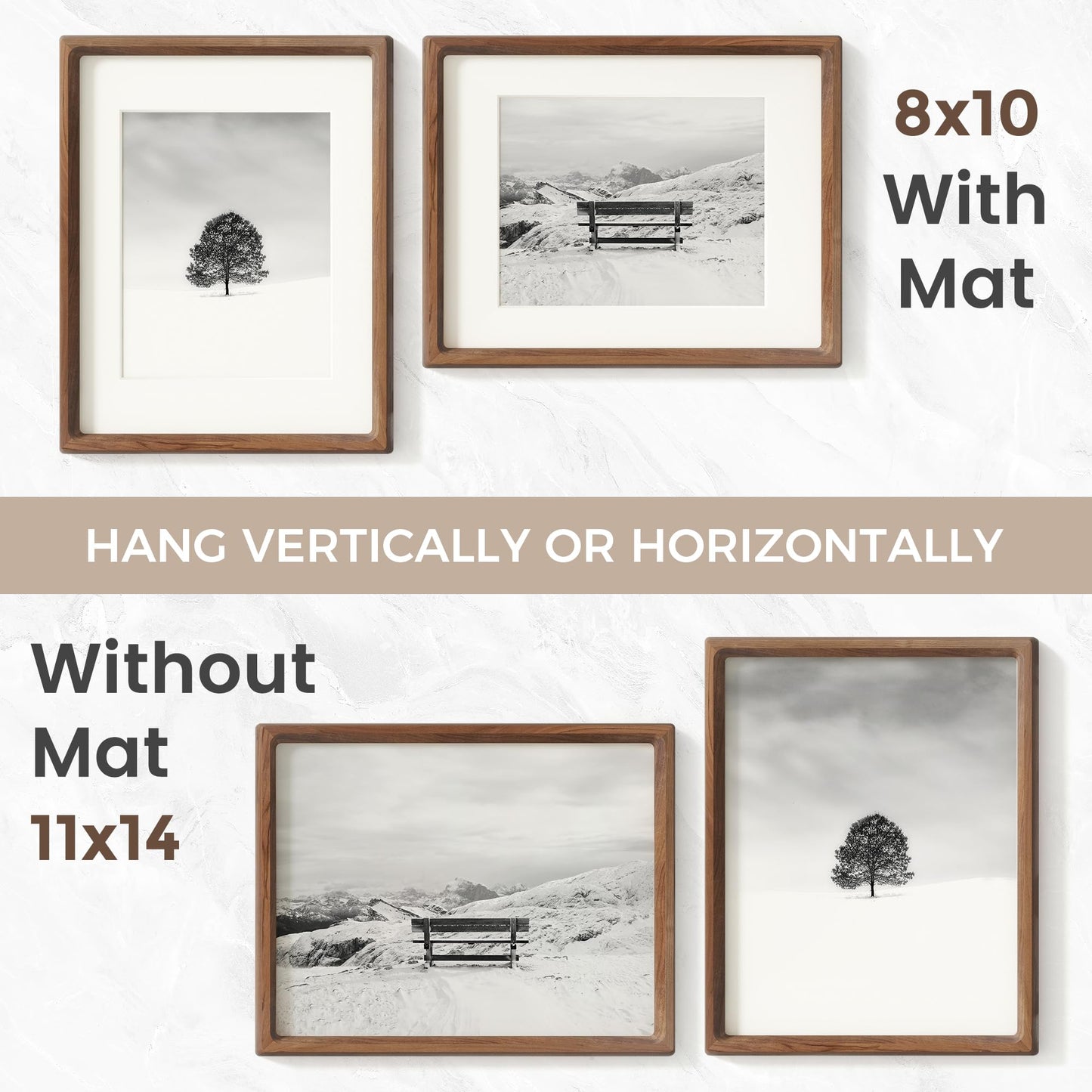 11x14 Picture Frame, USA-Sourced Natural Walnut Wood Photo Frame with Tempered Glass, Handcrafted Rounded Corner 11 x 14 Wooden Frame Matted to 8x10 Photos, Wall or Tabletop Display