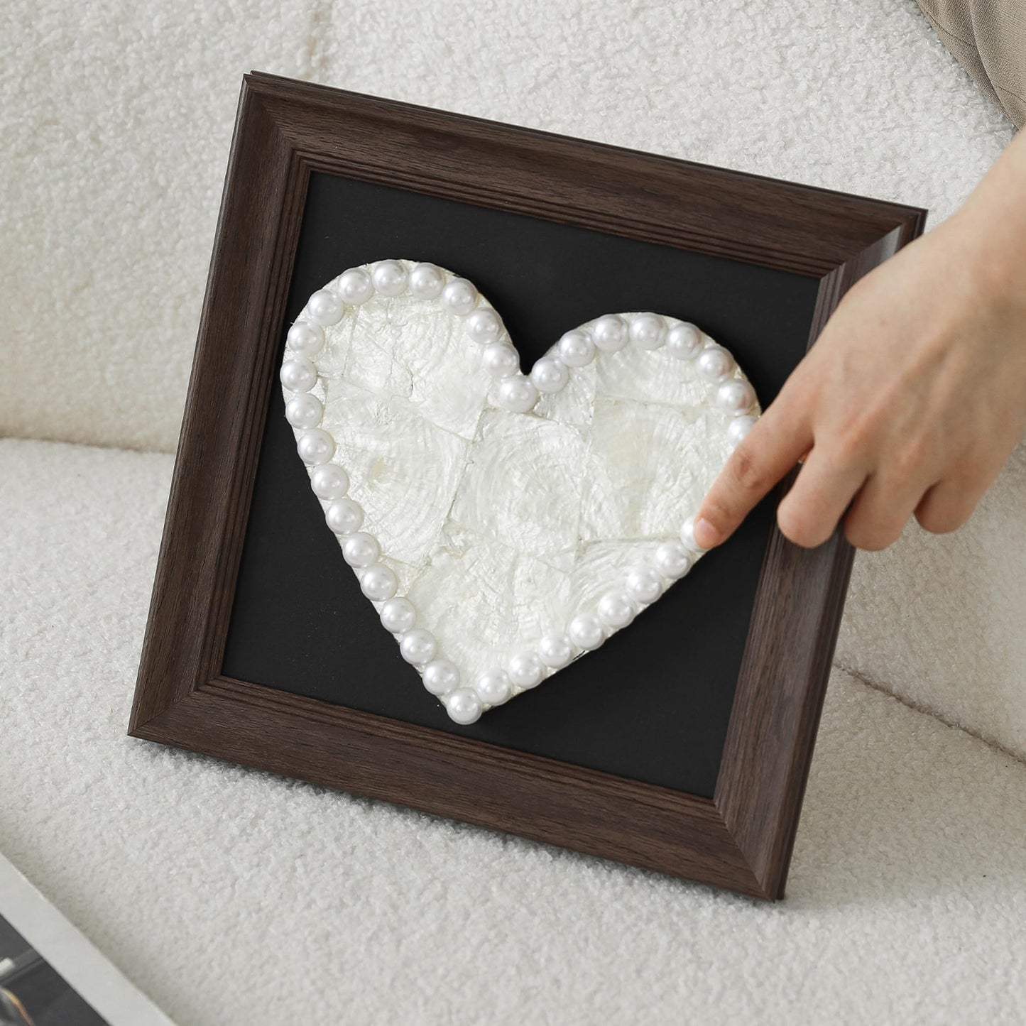 Handcrafted Heart-Shaped Seashell Wall Art with Pearl Border – Decorative Romantic Framed Shell Heart for Home, Wedding, and Gift