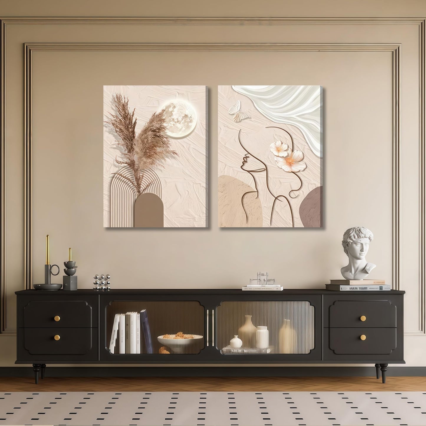 TJRRKYHY 2Pcs Modern Boho Abstract Canvas Wall Art Beige Minimalist Woman Line Art Decor Neutral Geometry Prints for Living Room Bedroom Bathroom Home Decor (12x16in canvas)