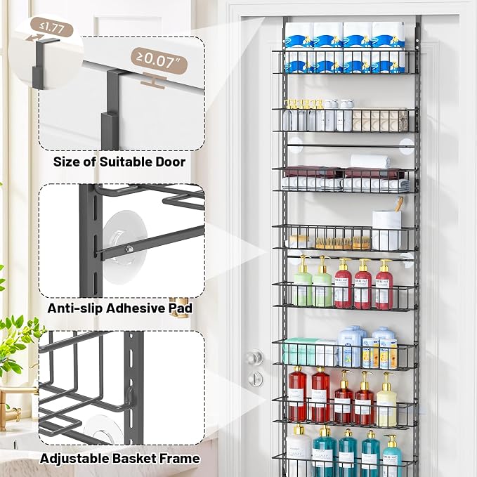 ElegantArray 9-Tier Pantry Door Oragnizer, Over The Door Pantry Organizer Rack and Storage, Hanging Spice Rack Shelves Door, Home Office Laundry Room Bathroom & Kitchen Organization, Deep Gray