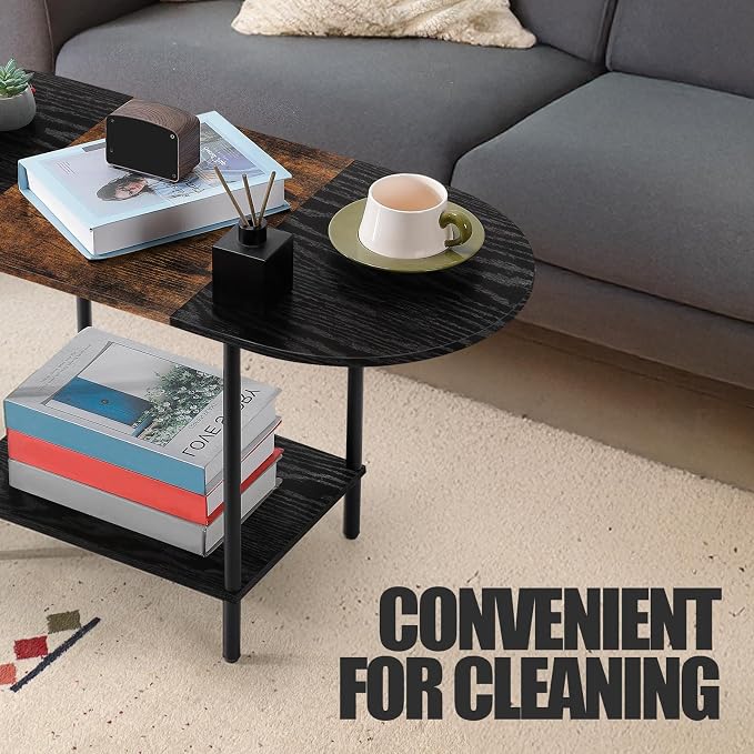 Coffee Tables for Living Room,Mid Century Small Oval Center Table with 2-Tier Storage Shelf and Wood Tabletop,Farmhouse Narrow Cocktail Tea Table for Small Space,Apartment,Black Brown