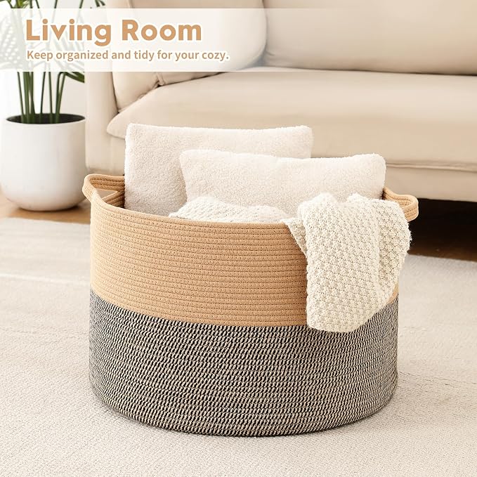 Foldable Laundry Hamper Basket with Collapsible Handle Cotton Rope Soft Woven Fabric Storage Organizer Clothes Toys Nursery Bedroom Dorm Space Saving Bin (Camel & Mix Camel, 65L(19.7"D x 12.6"H))