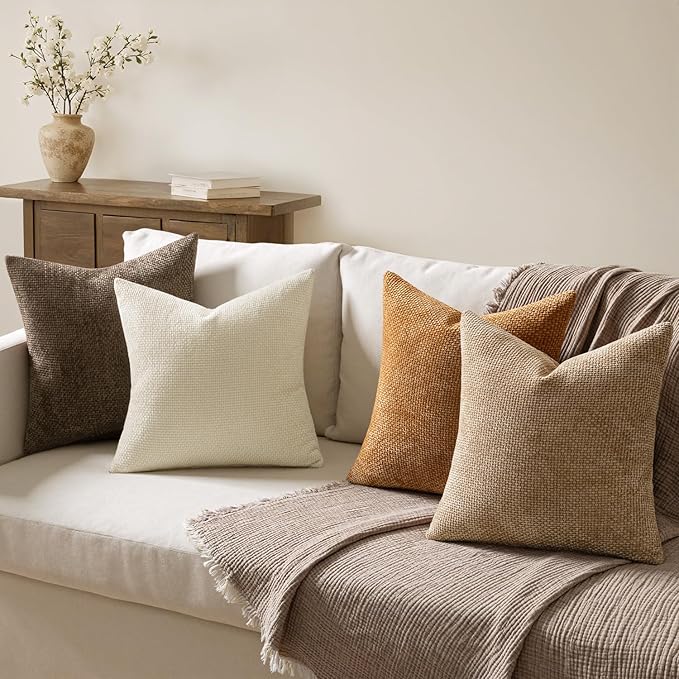 MIULEE Pack of 4 Brown Couch Throw Pillow Covers 24x24 Inch Soft Decorative Chenille Pillows Farmhouse Accent Cushions for Boho Home Decor Spring Sofa Bedroom Living Room