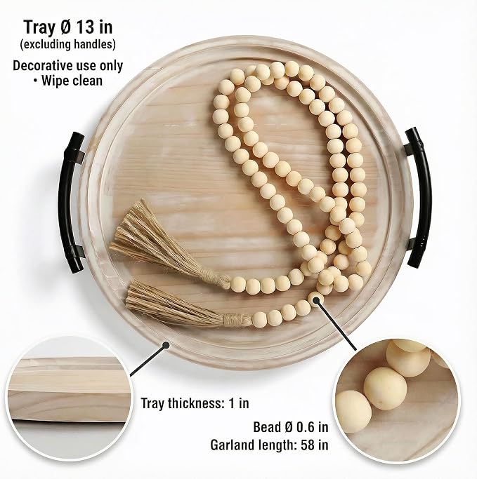 13" Round Decorative Wood Tray with Handles, Whitewashed Farmhouse Coffee Table Decor for Living Room, Entryway & Kitchen Island, Includes Bead Garland, Giftable Home Decor