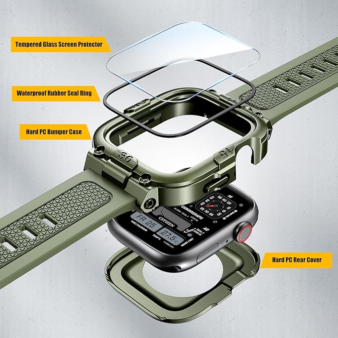 Dsytom Waterproof Case with Band Compatible for Apple Watch Band 45mm 44mm 41mm 40mm for Men ,Rugged Shockproof Smartwatch Strap Protective Bumper Cover with Built-in Tempered Glass Screen Protector