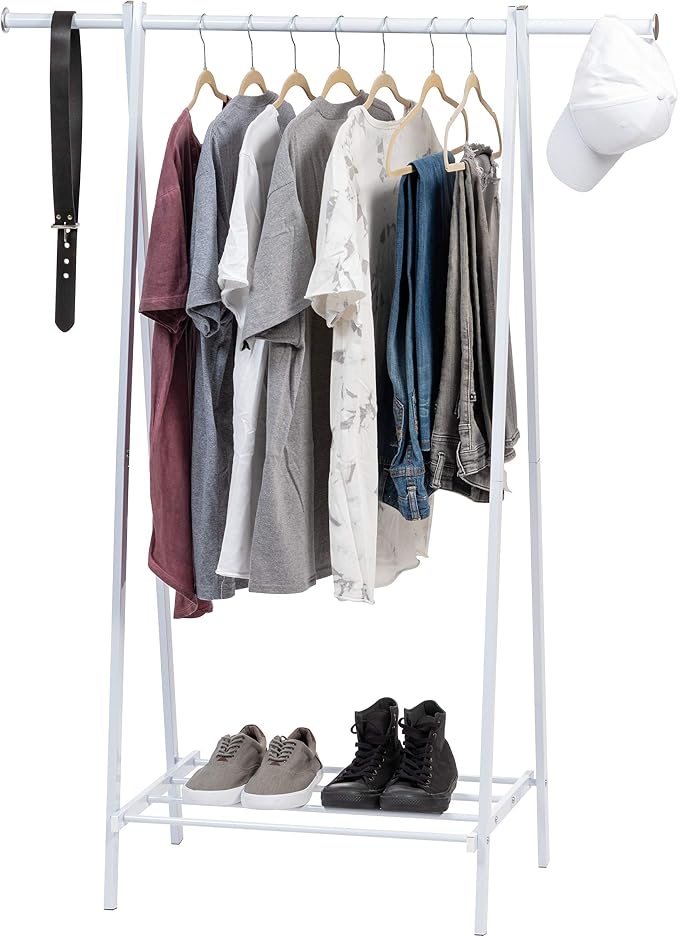 IRIS USA Clothes Rack for Hanging Clothes with Shelf, Freestanding Clothing Rack, Easy to Assemble Garment Rack, Metal, Sturdy Design, Multipurpose, Small Space Storage Solution, White