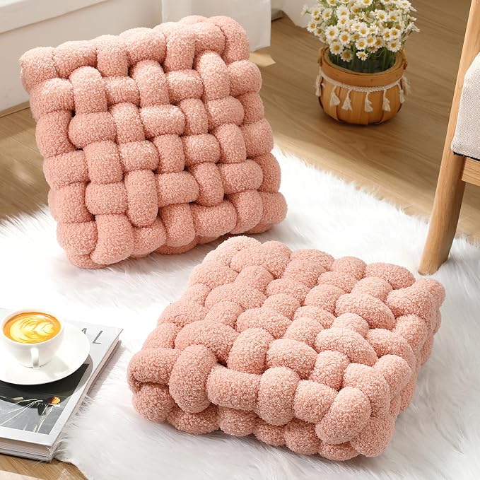Wenqik 2 Pcs Knot Pillows Square Knotted Plush Throws Soft Accent Pillows Decoration Cushion for Couch Home Office Living Room Bedroom Bed Sofa Decor, 12'' x 13''(Pink,Lambswool)