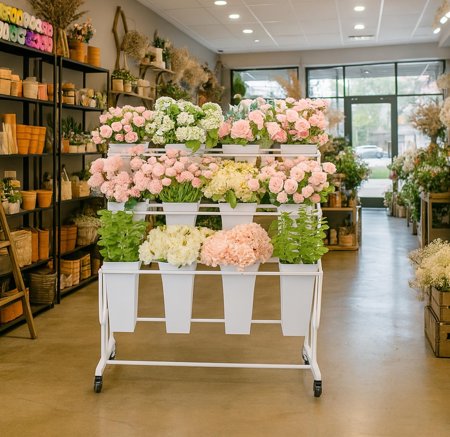 FEFZSFER Flower Display Stand Frame, 3-Tier Flower Cart with Wheels, Metal Floral Display Rack , Moving Florist Bouquet Shelf for Shop ,Flower Bar, Events, without Buckets(White, 3 Tier)