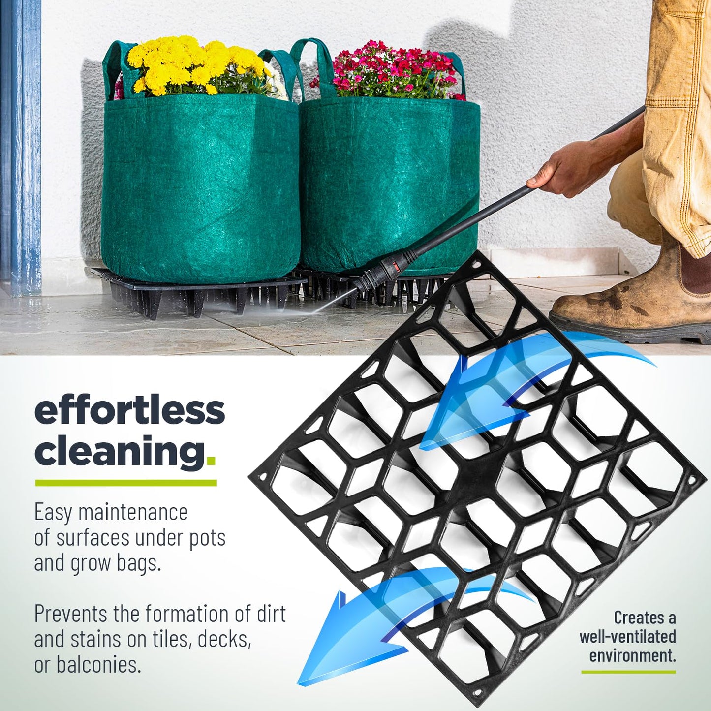 Cannrise Plant Riser – Modular Pot Spacer for Grow Bags, Planters & Containers – UV-Resistant Drainage Tray for Airflow, Root Health & Cleaner Surfaces (Standard Black, 7 Pack)
