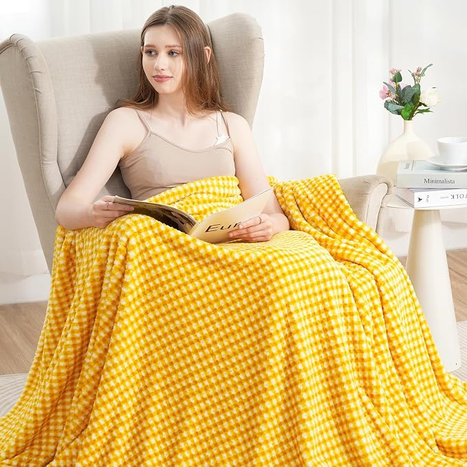 Zyrah Yellow and White Fleece Twin for Couch Super Soft Twin Blanket Plaid Lightweight Decorative Fuzzy Cozy Blankets for Sofa Chair Bed 60x80 Inches