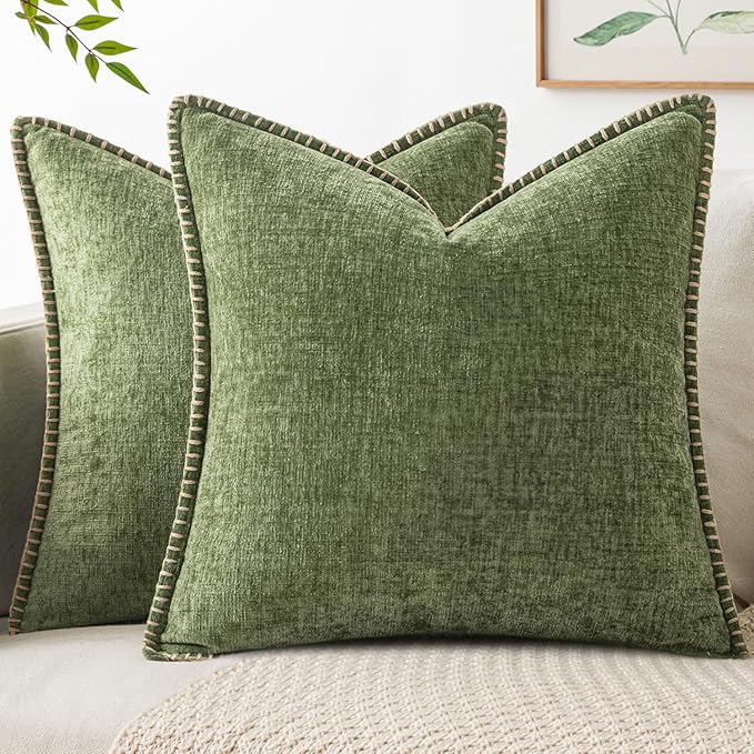 MIULEE Pack of 2 Couch Throw Pillow Covers 20x20 Inch Sage Green Farmhouse Decorative Pillow Covers with Stitched Edge Soft Chenille Solid Dyed Summer Pillow Covers for Sofa Bed Living Room