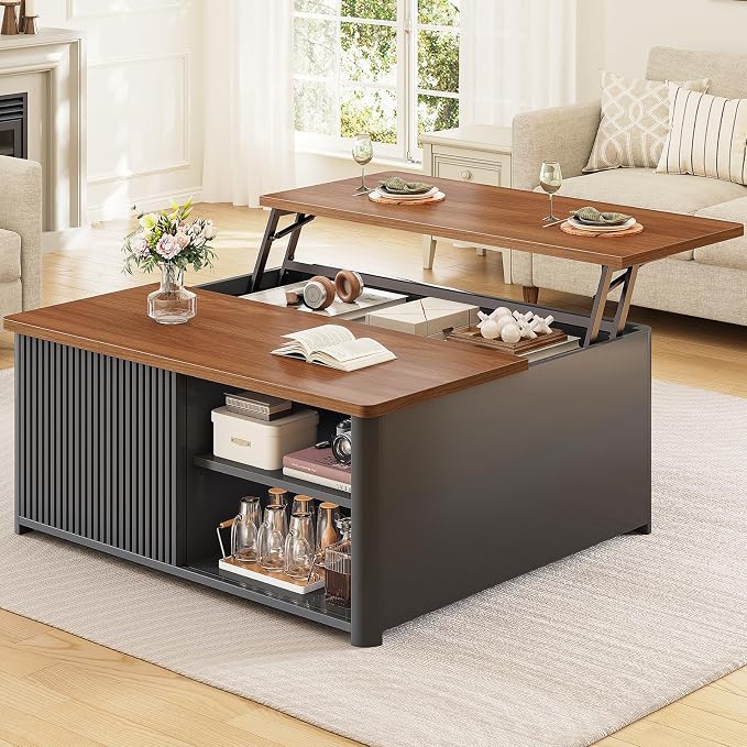 SEDETA 31.5" Lift Top Coffee Table with Storage, Square Coffee Tables for Living Room, Fluted Coffee Table with Large Hidden Storage Compartment and Adjustable Shelves, Fluted Black