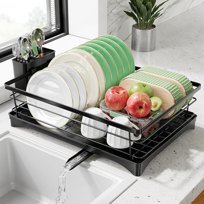 Simple Trending Dish Drying Rack, Stainless Steel Dish Rack for Kitchen Counter, Space-Saving Dish Drainer with Utensil Holder and Drainboard, 12''W x 17''L, Black