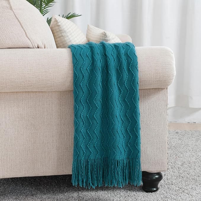 BOURINA Teal Throw Blanket 50 x90 Inches Throw Textured Solid Soft Sofa Throw Bed Runner Couch Cover Knitted Decorative Blanket Bed Runner