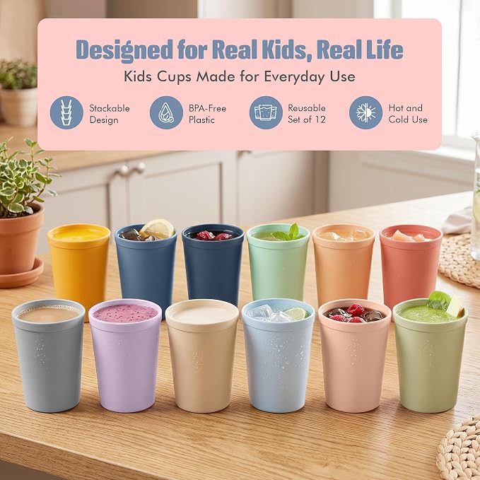 MASTERCOOK 12 Pcs. Small Reusable Cups –8 oz Unbreakable Drinking Glasses -Toddler Cups for Water, Juice, Milk–BPA Free Stackable Tumblers Plastic Cup set for Kitchen, Picnics, Parties- Kid-Friendly