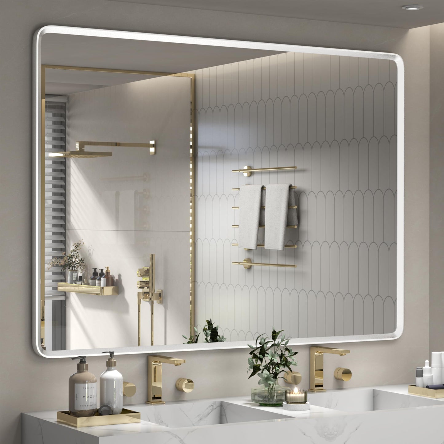 GOLOMO 55x40 Inch Silver Framed Mirror, Silver Bathroom Vanity Mirror for Wall, Brushed Nickel, Rounded Rectangle Mirror, Shatterproof, Anti-Rust (Horizontal/Vertical)