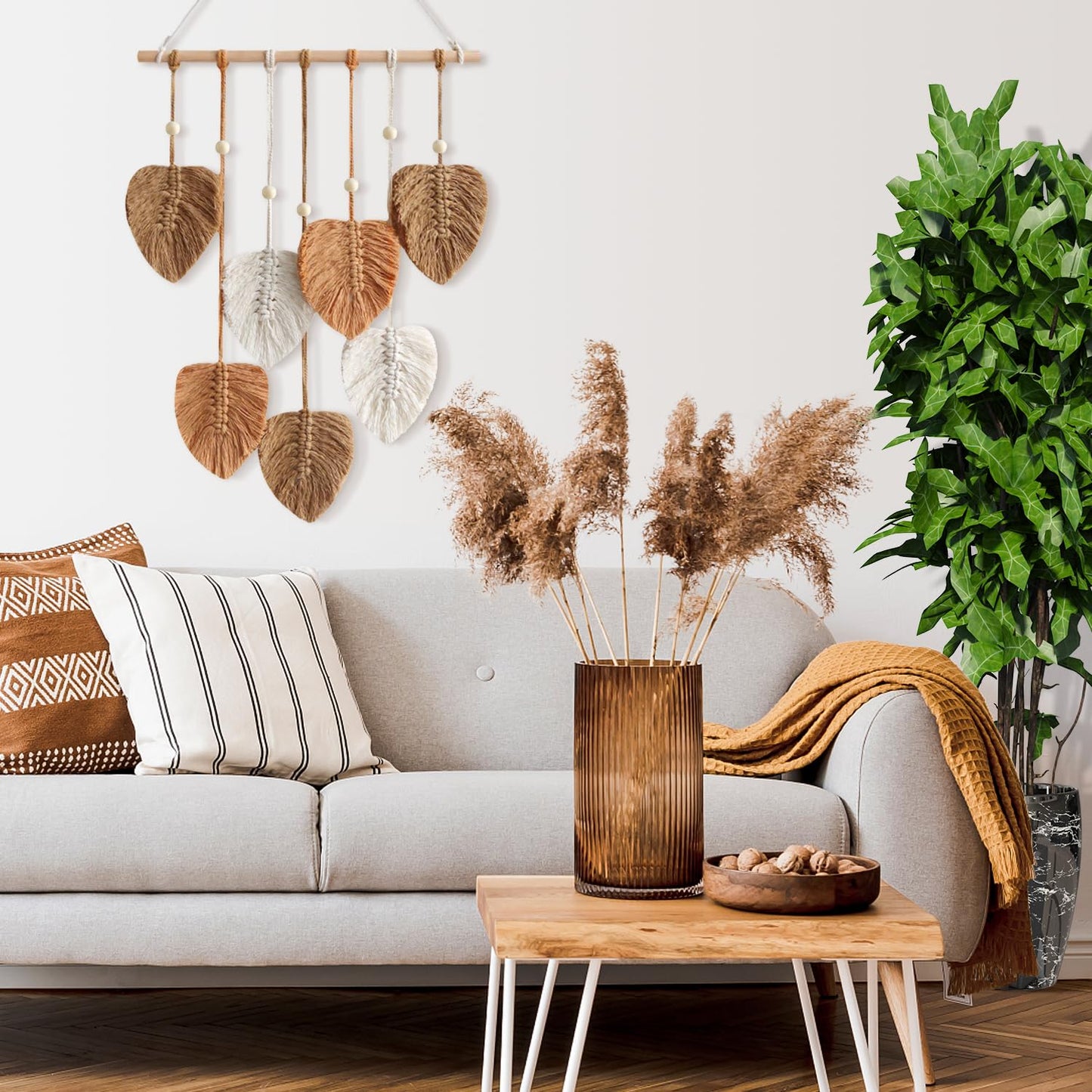 Urbun Macrame Leaves Wall Hanging Boho Macrame Wall Decor Handmade Yarn Woven Wall Art Leaf Tapestry Bohemian Decoration for Nursery Bedroom Living Room,15.7 x35.4Inch