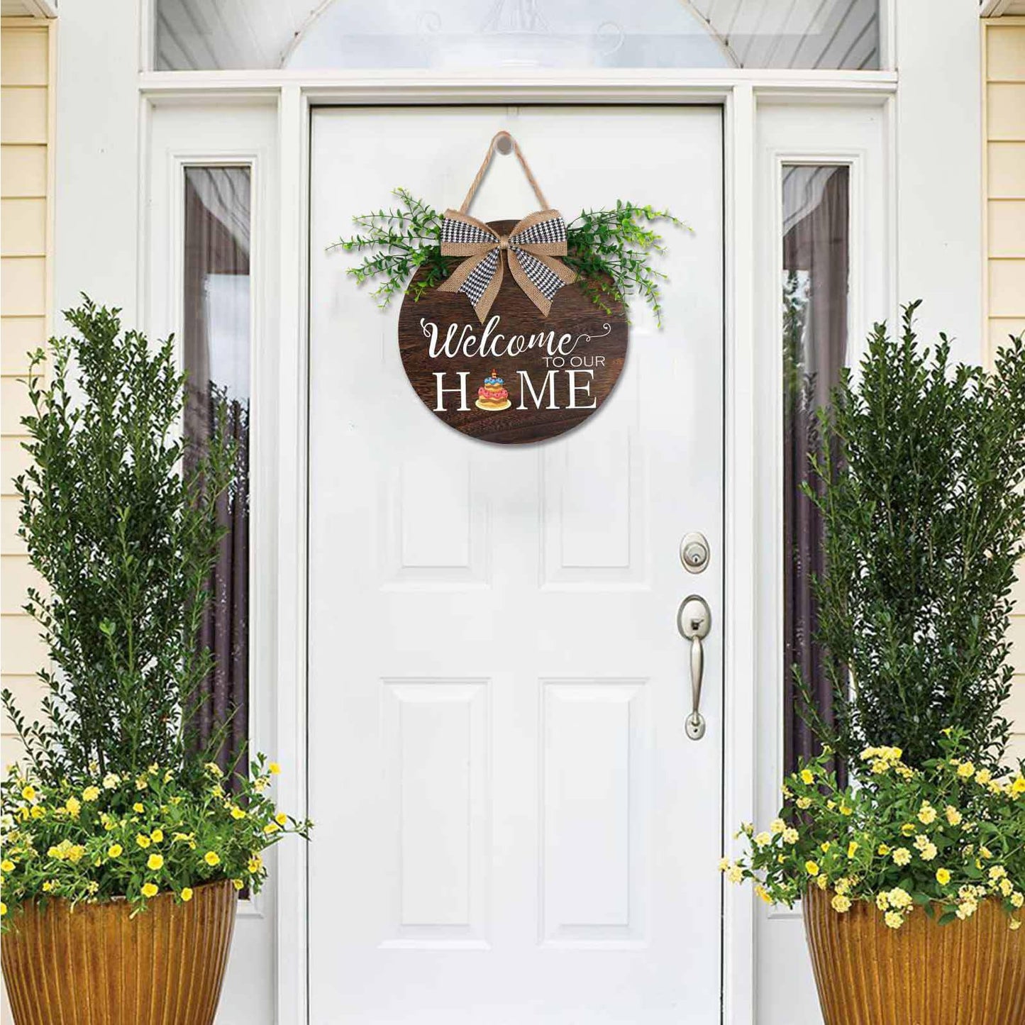 Yonuni Interchangeable Welcome to Our Home Sign, Equipped with 16 Replaceable Icons, Farmhouse Front Door Signs Wooden Wreath Suitable for All Seasons Holiday Halloween Christmas (12x12 Inch)