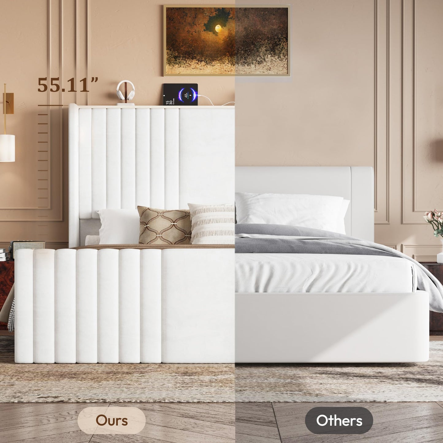 Uteeran King Size Bed Frame with 55.1" Tall Headboard, Velvet Upholstered Platform Bed with Channel Tufted Wingback, 2 Reading Lights/Storage Shelf/Charging Station/Easy Assembly/Noise-Free, Cream