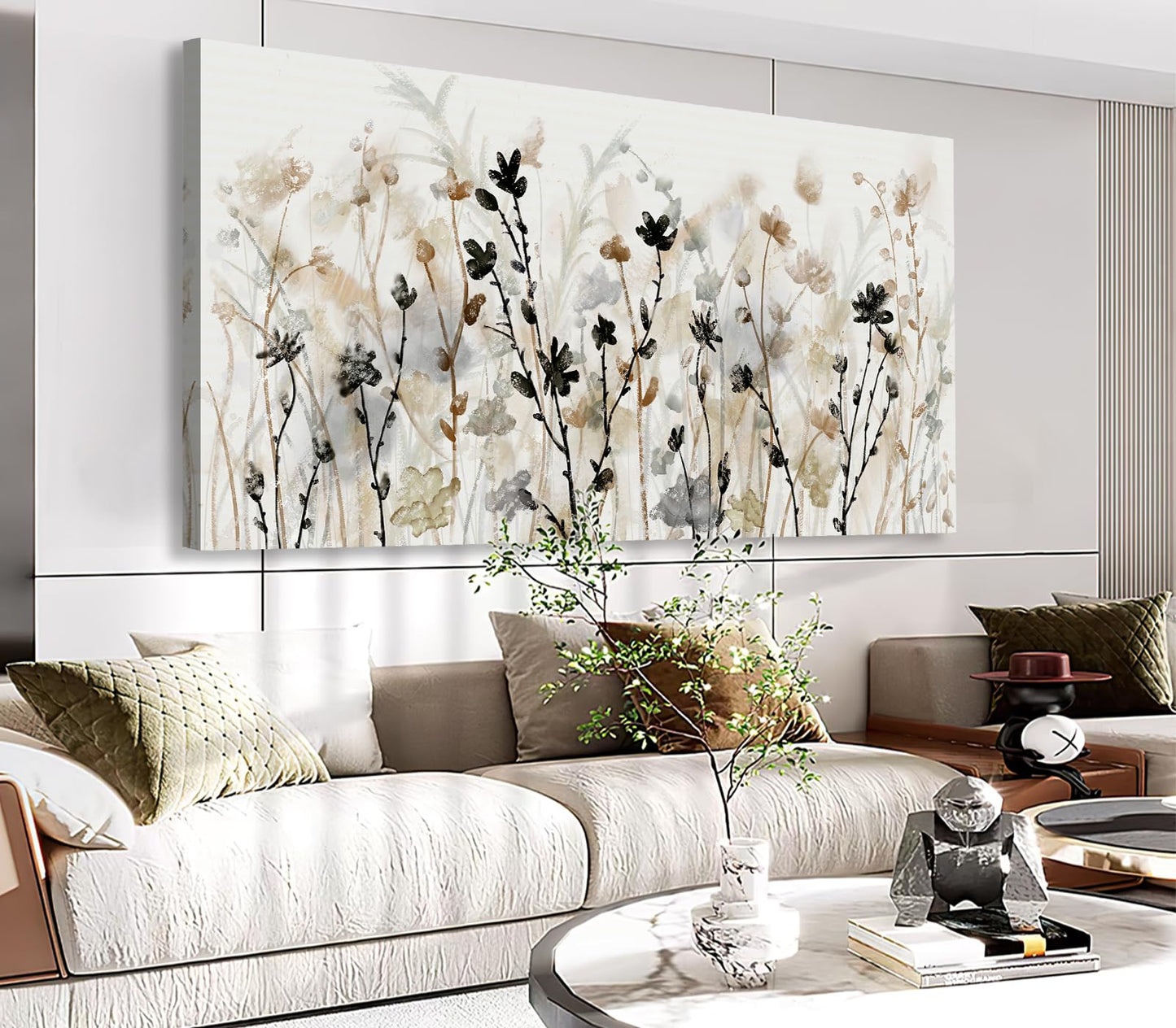 Framed Flower Canvas Wall Art Abstract Grey Cream Brown Wildflowers Canvas Pictures Landscape Artwork Canvas Prints for Home Living Room Bedroom Kitchen Office Wall Decor Ready to Hang 24"x 48"
