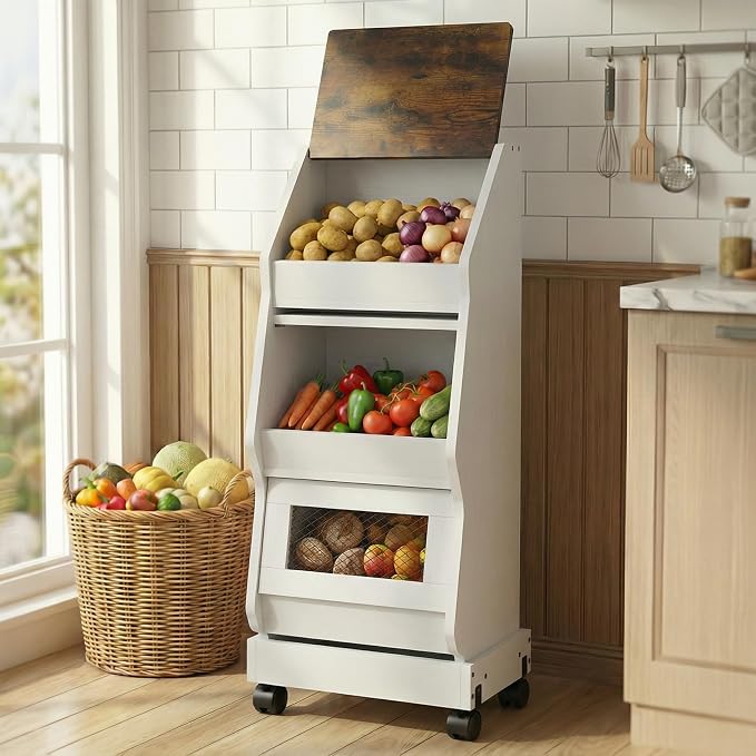 ARTETHYS Potato and Onion Storage Bin with Wheels Movable White Potato Box Holder for kitchen with Lid Onion Organizer with Grocery Section Decorative Vegetable Organization Cabinet