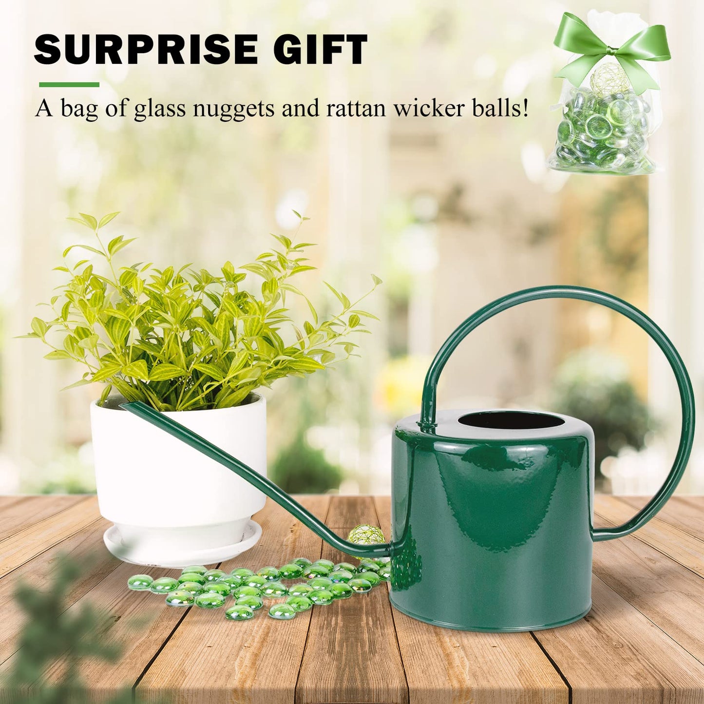Lechloris Indoor Watering Can for Houseplants - Long Spout Metal Watering Can for Indoor Plants,Succulents or Outdoor Garden Flower, 1.3L / 40 oz Green
