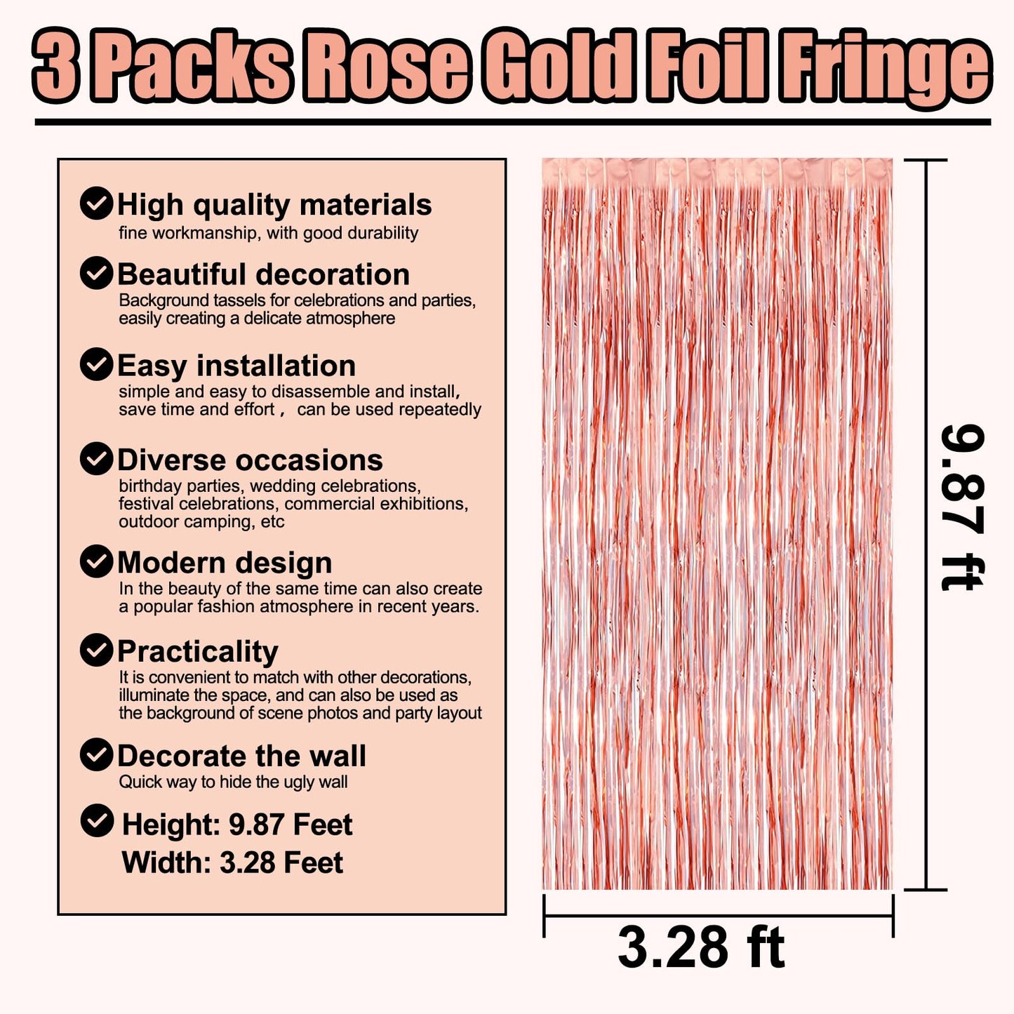 3 Pack Rose Gold Foil Fringe Curtain Backdrop, 3.28Ft x 9.8Ft Metallic Tinsel Foil Fringe Streamer Curtains for Photo Booth, Halloween, Christmas Day, Wedding, New Year Party Decoration